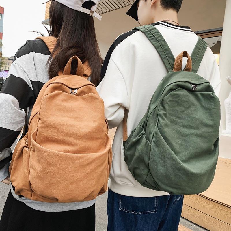 Schoolbag Unisex Kids Green Japanese Ins Solid Color Korean Version High School College Student Washed Canvas Backpack Versatile Couple Backpack