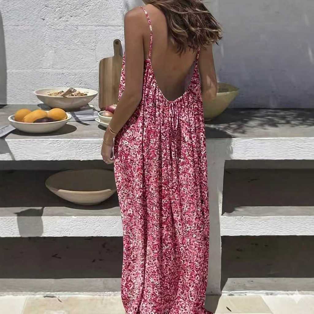 Maxi Abito Estivo Stampato Senza Schiena con Spalline Annodate per Uso Casual in Vacanza al Mare
