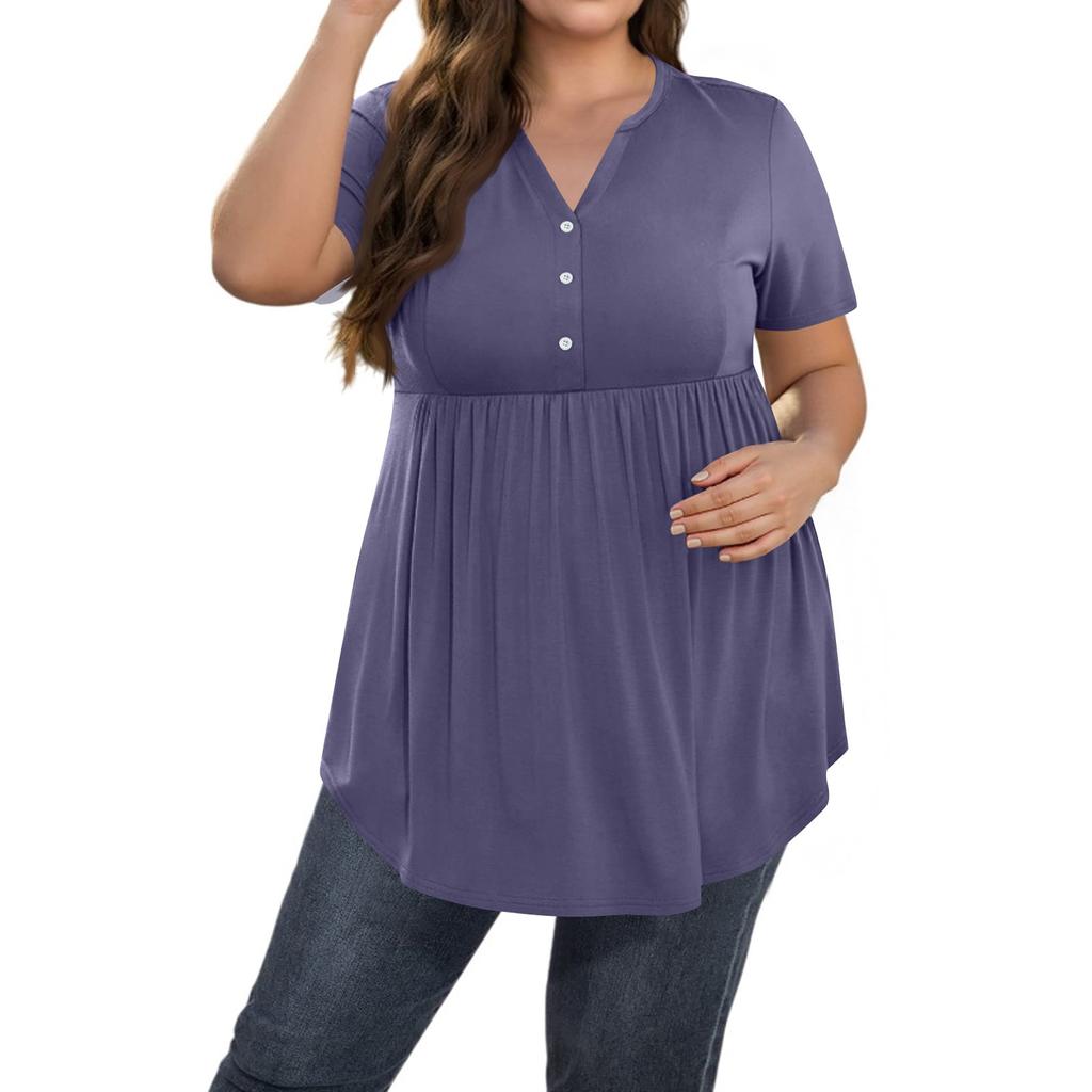 Women's Solid Color Large Size  V Neck Button-Up Top Casual Short Sleeve Flowy Top