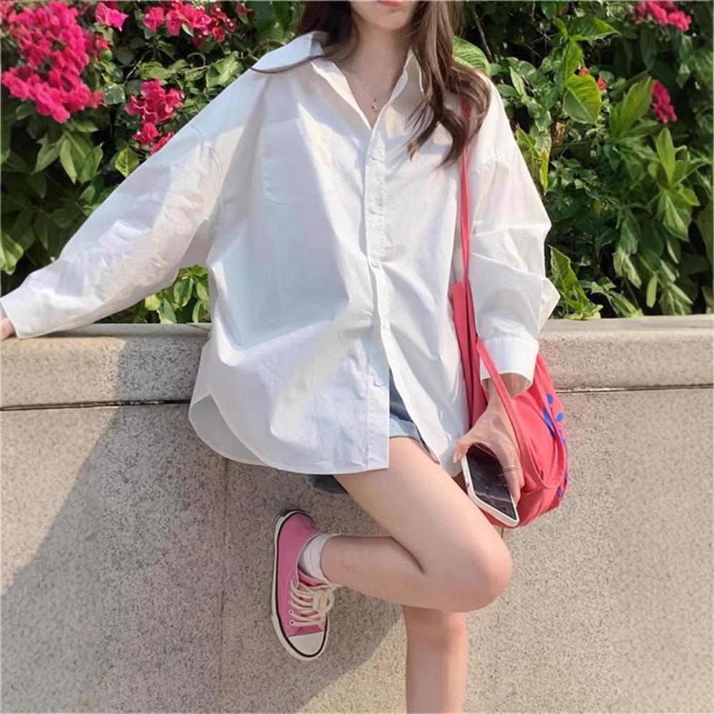 Women's High-End White Loose-Fit Shirt Jacket - Spring/Autumn 2026, Sun Protection Design