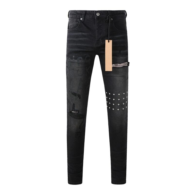 STREETRICH High Street Men's Jeans Low Rise Stretch Skinny Button Fly Ripped Hold Black Pants