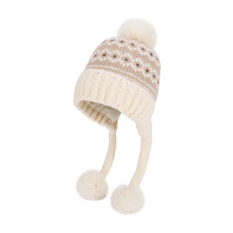 

Fur Ball Ear Protection Knitted Hat Women Velvet Warm Wool Hat Big Head Cap бежевый