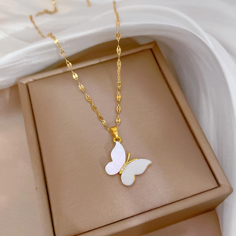 Light Luxury Micro-Inlaid Real Gold Butterfly Fritillary Necklace Women'S New Collarbone Chain Light Luxury Niche Design Sense