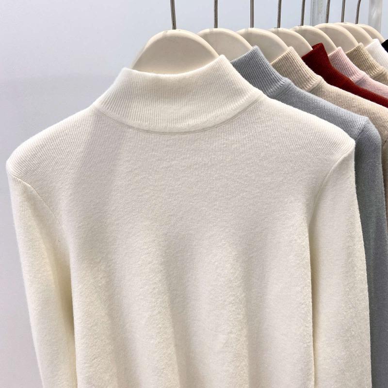 Angola red knitted bottoming shirt women's autumn and winter semi-turtleneck slim-fitting top soft waxy sweater
