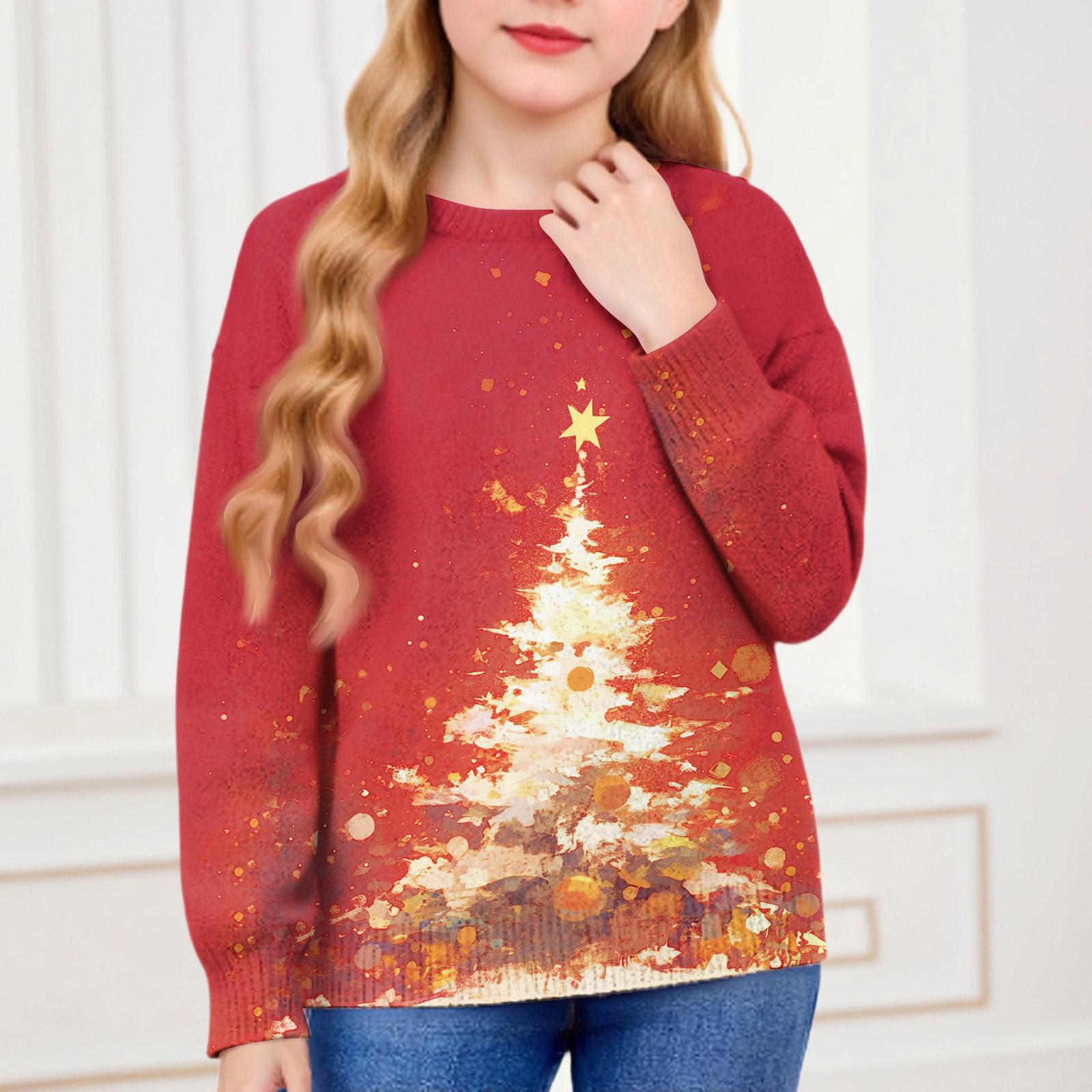 

Рождественские свитшоты для детей мальчиков и девочек вязаный свитер милая рубашка осенний пуловер с круглым вырезом топы 150 красный