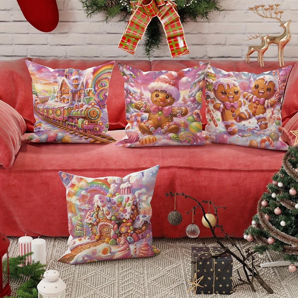 Christmas Decoration Pillowcase Cute Gingerbread Man Color Candy House Pillow Cover Suitable for Home Room Sofa Cushion Cover
