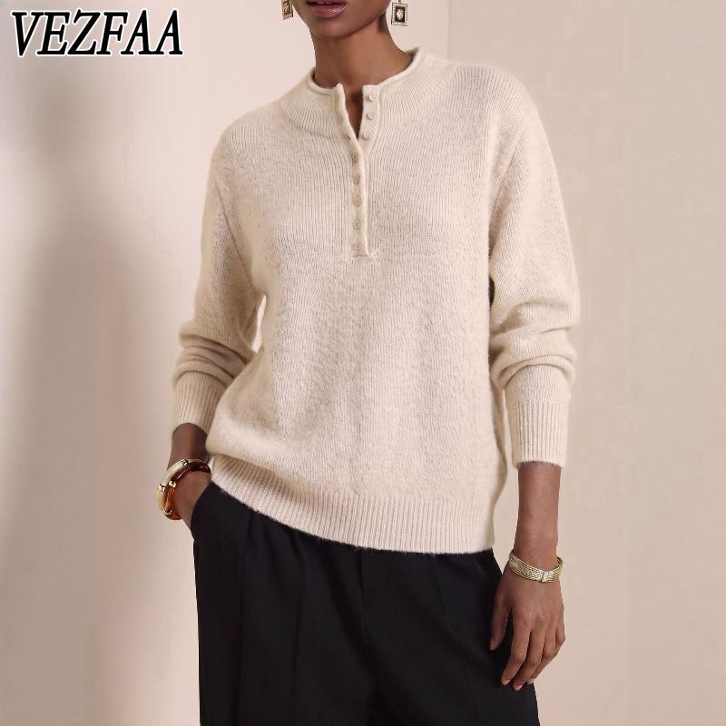 VEZFAA Moda damska Casual Jesień Zima Jednolity kolor Nadruk Długi rękaw O-Neck Swetry