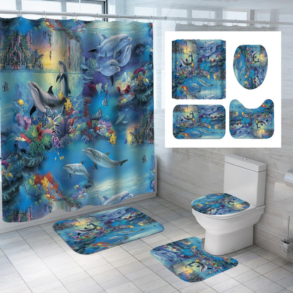 Dolphin Series Pattern Multi-Choice Shower Curtain Digital Printing Toilet Three-Piece Set Four-Piece Bathroom Supplies