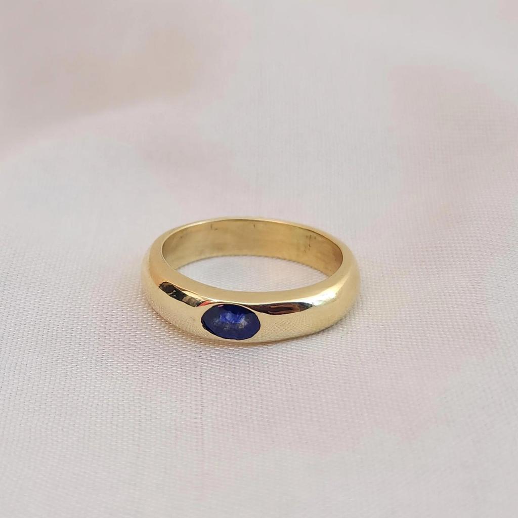 Oval Cut Blue Sapphire Signet 925 Sterling Silver Yellow Gold Overlay Ring Jewelry