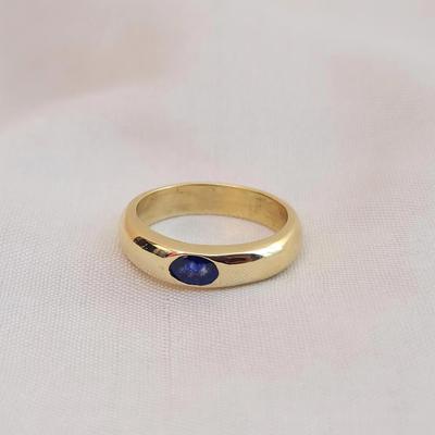 Anel de Sinete Oval com Safira Azul em Prata Esterlina 925 com Revestimento em Ouro Amarelo Joia