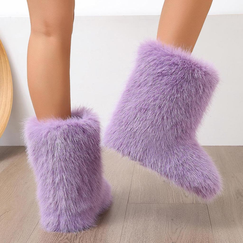 Europeiska Y2K Dam Mid-Calf Pälssnöskor - Varma, Moderiktiga, Plattbottnade Vinterstövlar