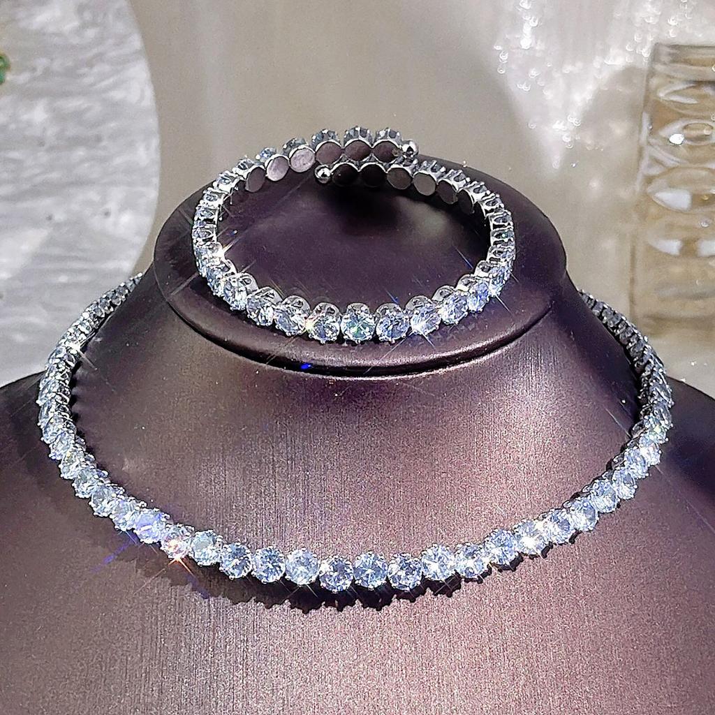 2026 Zircon-encrusted Round Necklace Bracelet Versatile Full Diamond Opening Adjustable Bracelet Collar Set Jewelry Bracelet