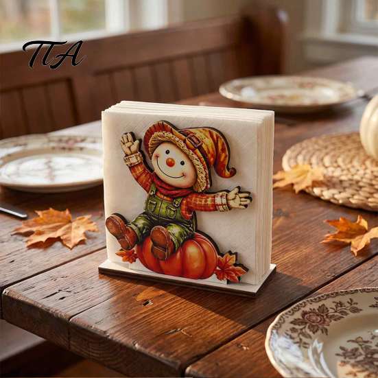 Wooden Autumn Table Accents Fall Scarecrow Napkin Holder, Harvest Pumpkin Thanksgiving Dinner Accessories Dispenser, Farmhouse Tabletop Decor for Home