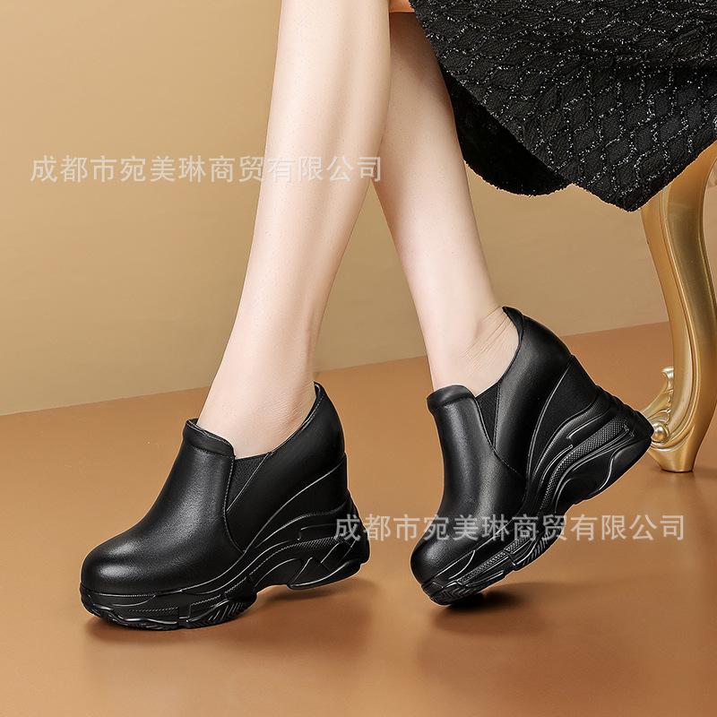 Slope heel women's single shoes 2025 new small super high heel thick sole waterproof table muffin casual shoes leather round head leather shoes