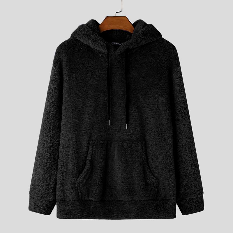 INCERUN Мужские осенне-зимние пуловеры с длинным рукавом и отделкой мехом, толстовки с капюшоном S чёрный