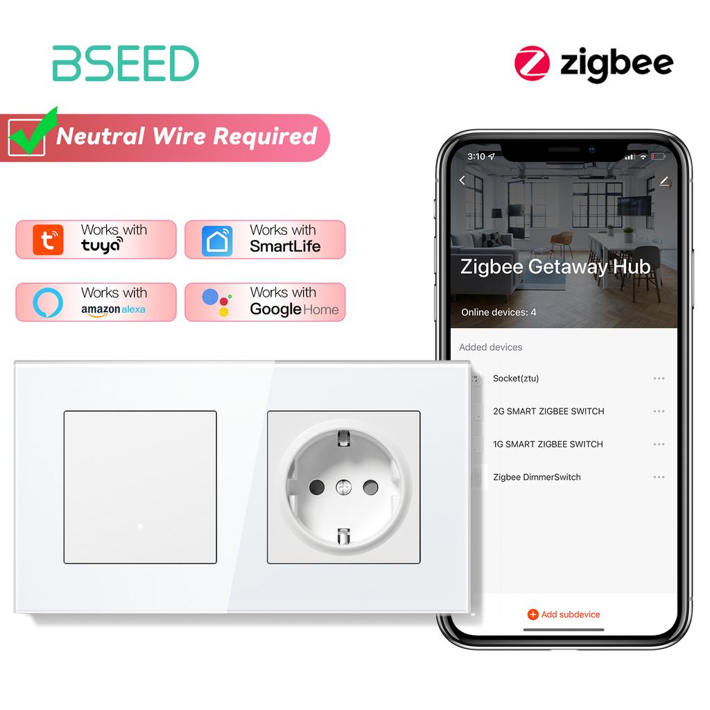 BSEED ZigBee Switches Wall Smart Click Light Switches Yellow Backlight Glass Frame Tuya APP Switch EU Wall Sockets with USB