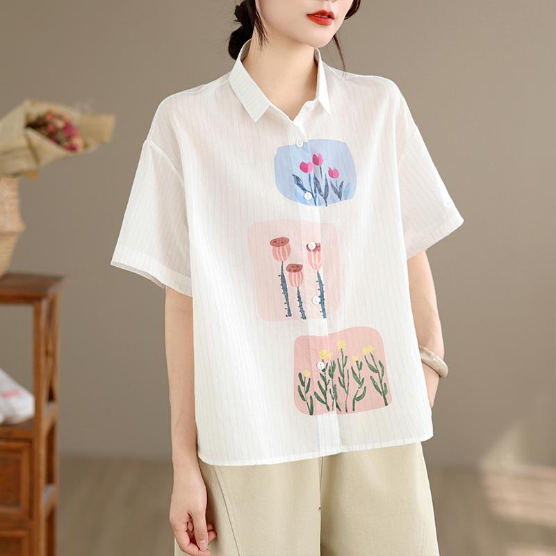 DIMANAF 2026 Women Plus Size New Summer Blouse Shirt Short Sleeve Casual Loose Print Lady Tops Shirts Cotton