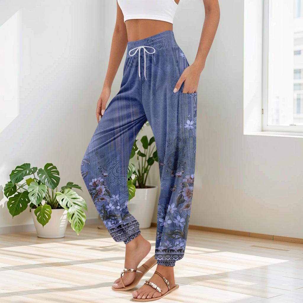 Women's Pocket Drawstring Trousers High Waist Yoga Retro Print Casual Pants