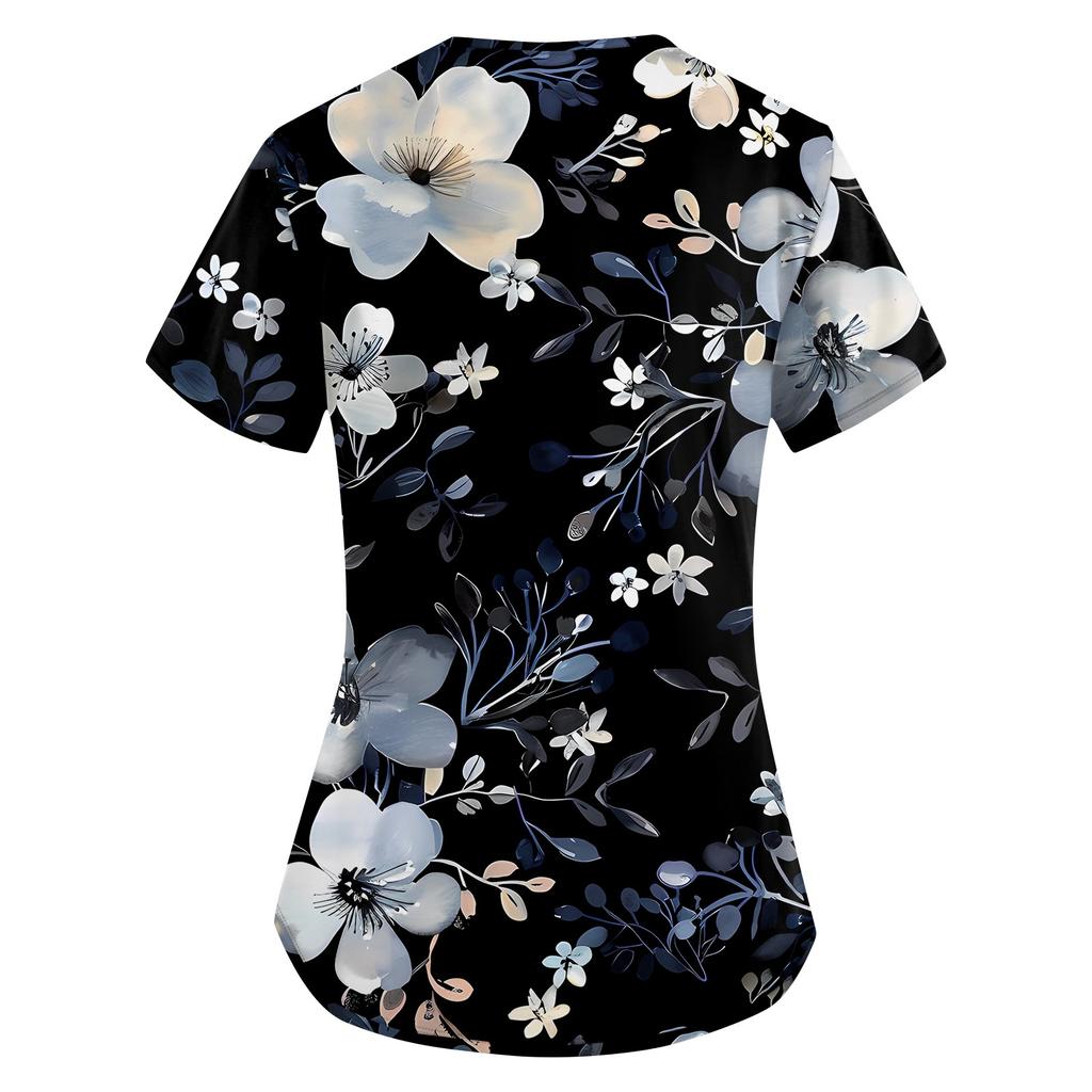 Damesmode werkkleding met V-hals, korte mouwen en bedrukte zakken