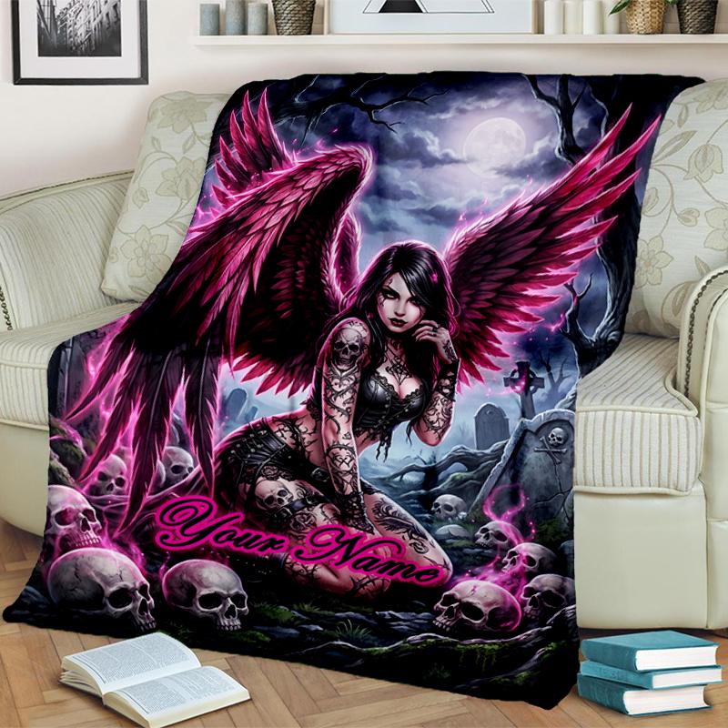 1PC Custom Name Gothic Angel Skulls Night flannel blanket versatile,all-season throw suitable for the living room,bedroom,camping,travel,and gift