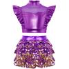 Girls Jazz Dance Outfit Mock Neck Rhinestone Adorned Mesh Patchwork Sleeveless Metallic Ruffle Crop Top