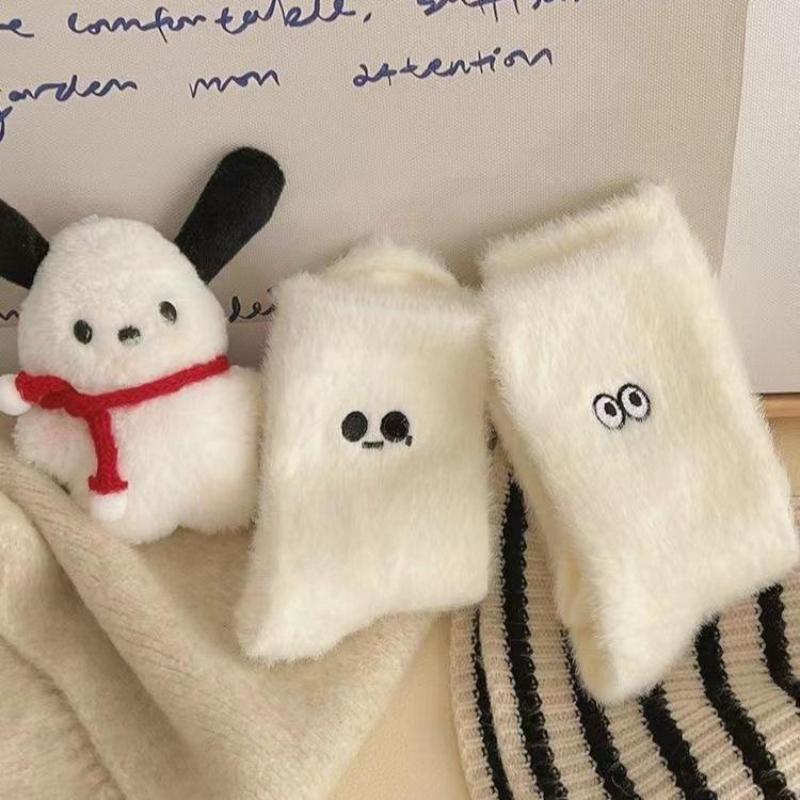 White Funny Expressions Socks for Women Autumn Winter Warm Mink Sleeping Home Socks EMA