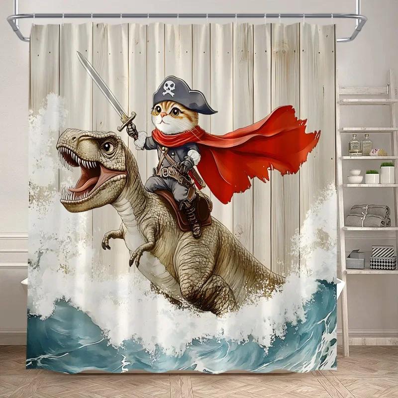 Lustige Badende Dinosaurier Duschvorhänge Schwarze Katze Tiersilhouette Kinder Badevorhang Modernes Polyester Badezimmerdekor mit Haken