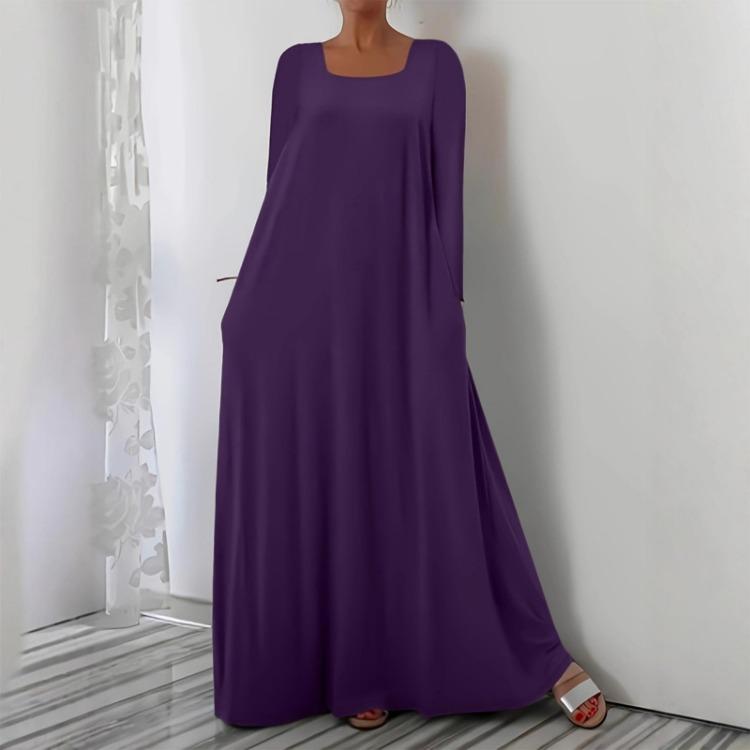 Fashionable Square Neck Long Sleeved Casual Dress Women Loose Pullover Long Dress Color