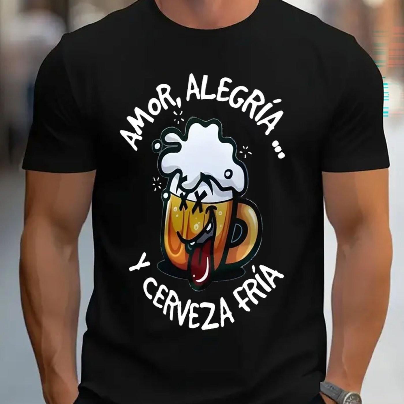 Funny Beer Mug Letter Print Men s Graphic Tee Casual Crew Neck Short Sleeve Cotton T-Shirt S