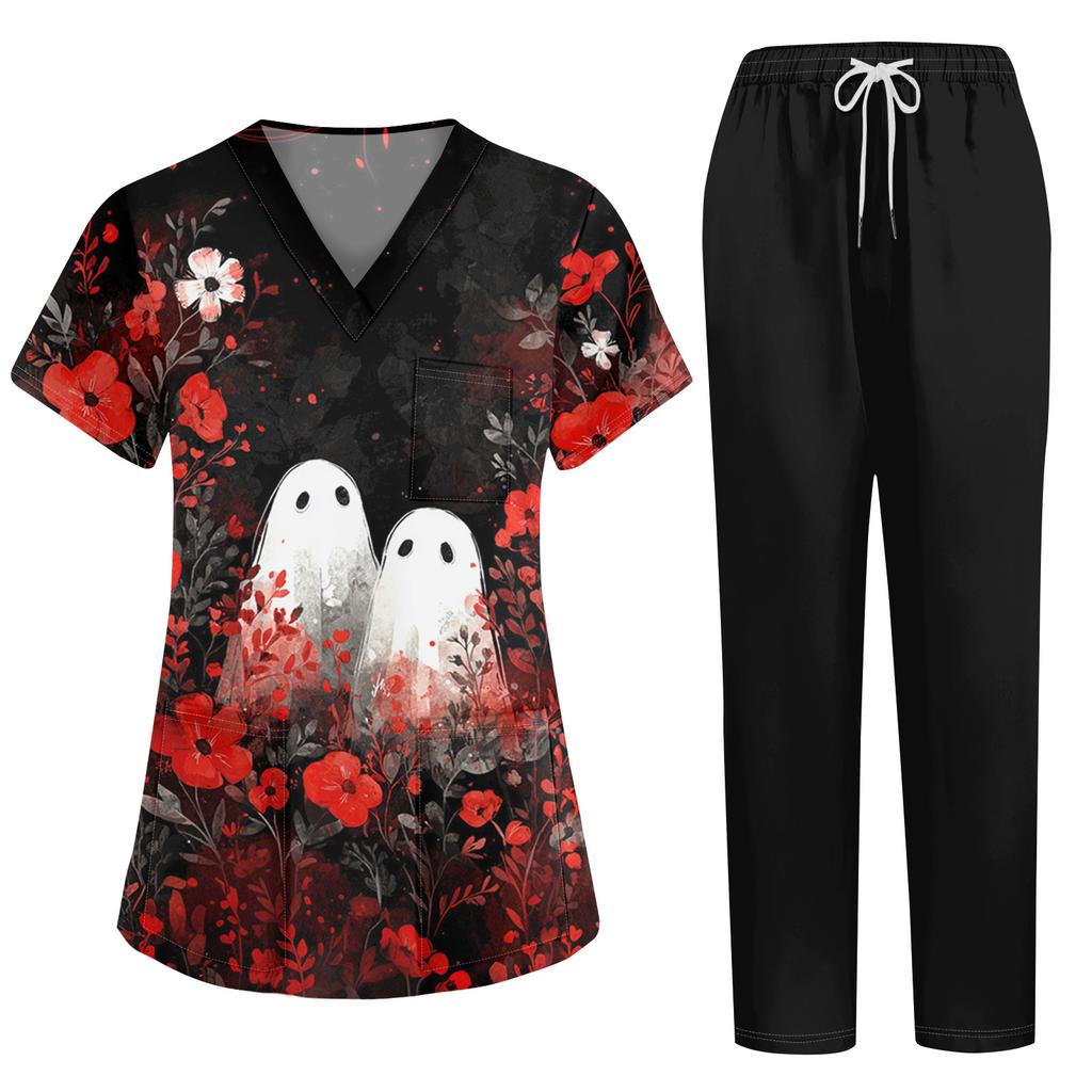 Women's Costume Two-Piece Set Short Sleeve Halloween Print with Pockets Top and Pants