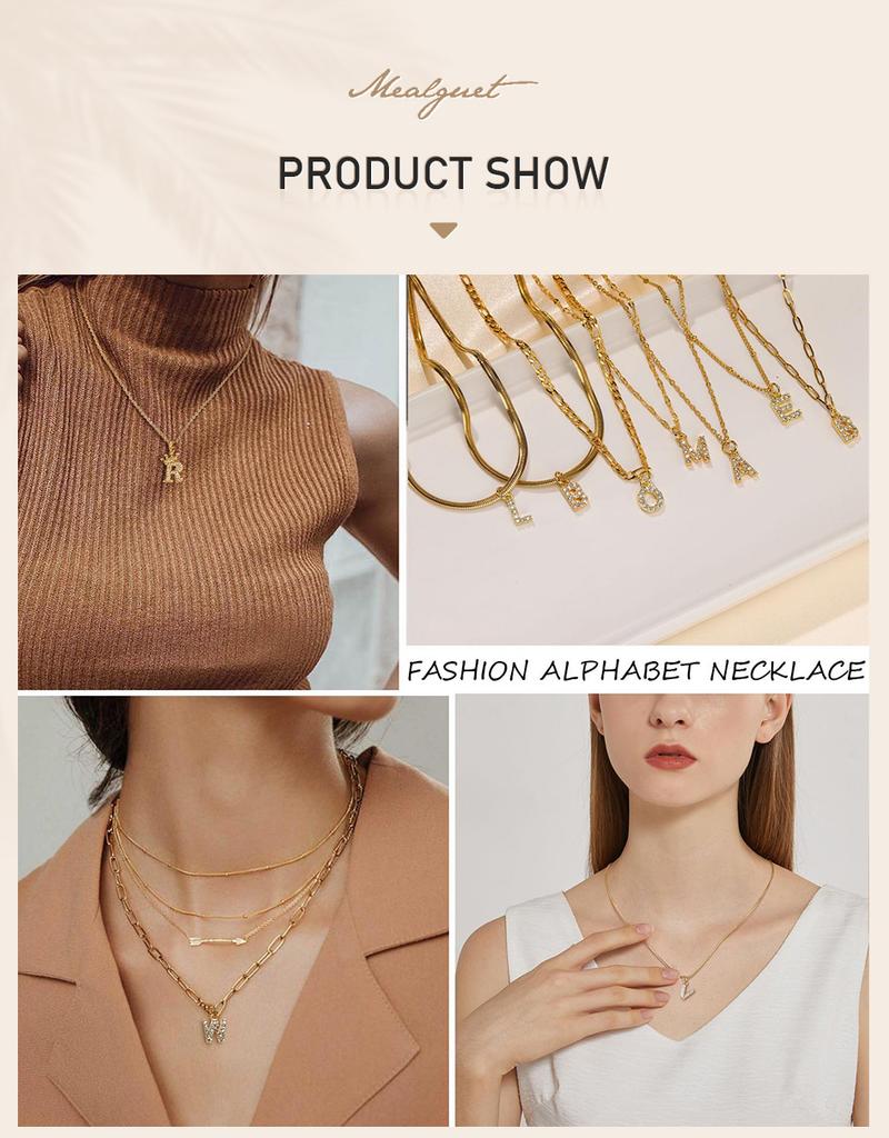Stainless Steel Zirconia Initial Letter Necklace for Women, A -Z Alphabet Pendant Snake Chain Collar Layered Jewelry