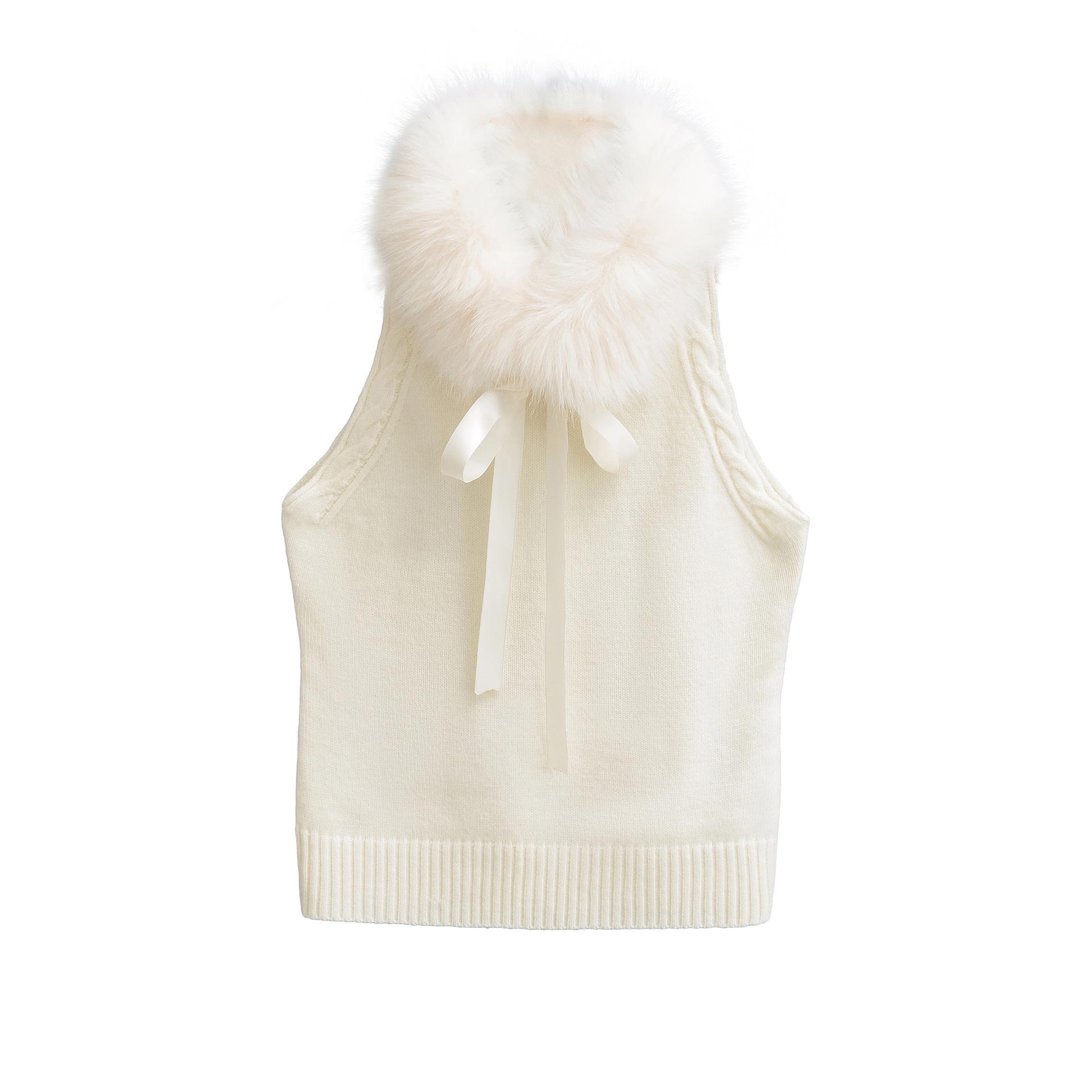 Pure Desire Women s Wool Cashmere Halter Neck Sleeveless Vest with Fur Collar - Autumn/Winter Trendy Slimming Knit Crop Top Small