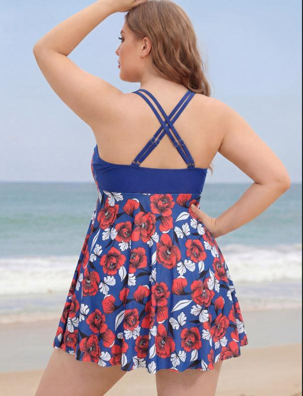 Plus Size Two-Piece Skirt Swimwear: Printed, Tummy Concealing, Slimming Boyshorts, Conservative Style, Ideal for Vacation or Hot Spring.