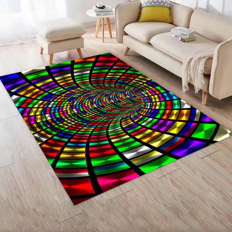 2D Vortex Optical Illusion Area Rug Soft Non-Slip Psychedelic Tunnel Carpet Modern Abstract Red Yellow Light Pattern Decor Mat