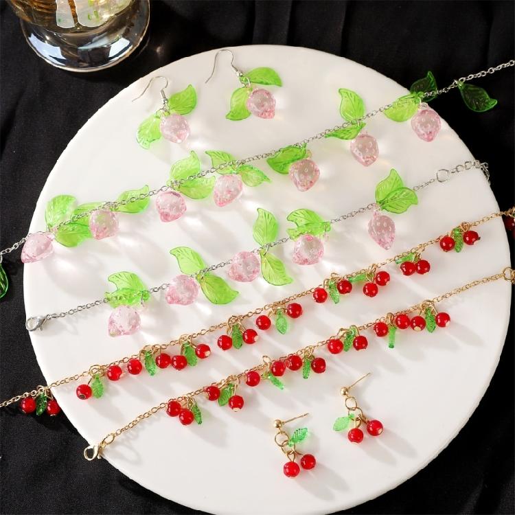Versatile Cherries Strawberry Fashion Jewelry Set Unique Strawberry/Cherries Necklace Bracelet Ear Rings