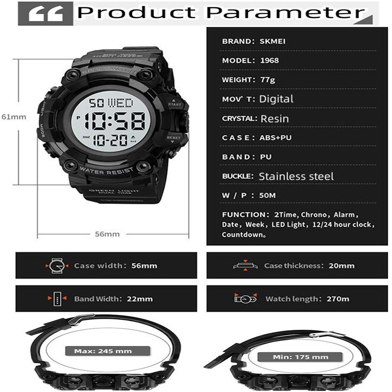 Skmei Men's Military Watches Fashion Big Dial Digital Wristwatch Luxury Outdoor Sports Dual Time Led Waterproof Alarm Clock