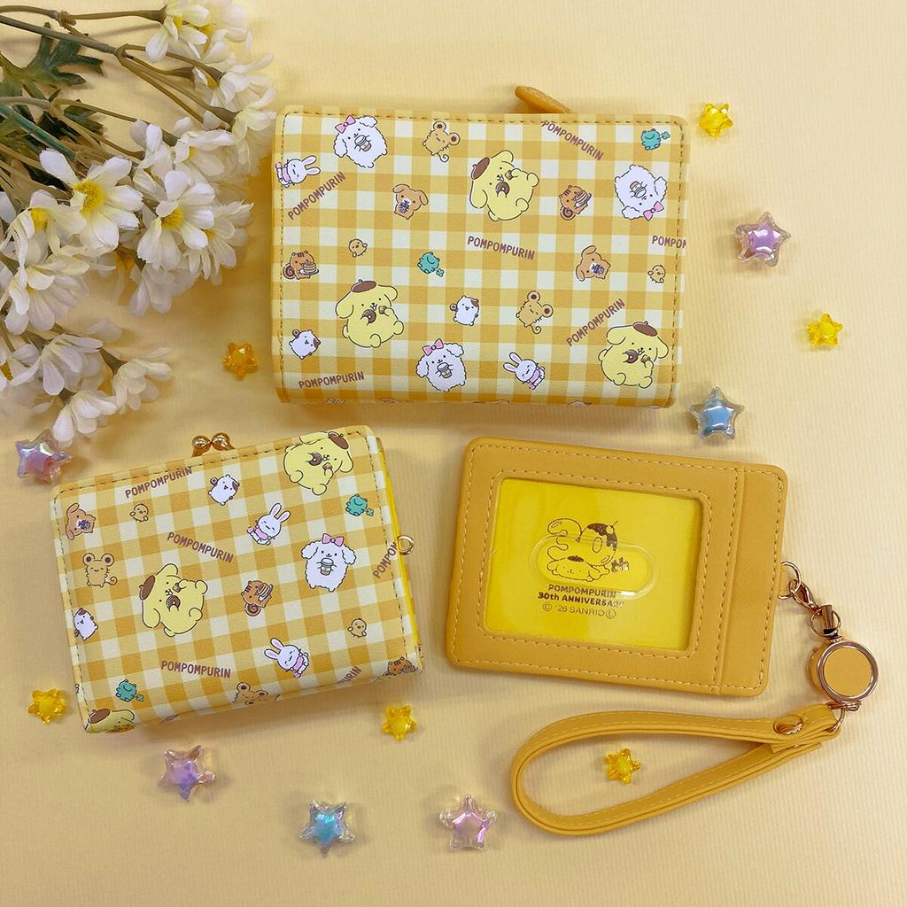 Sanrio Official Pompompurin 30th Anniversary Clover Yellow Gingham Check Coin Purse LF Billfold Wallet Reel Pass Case Commuter Holder Cute Goods Gift