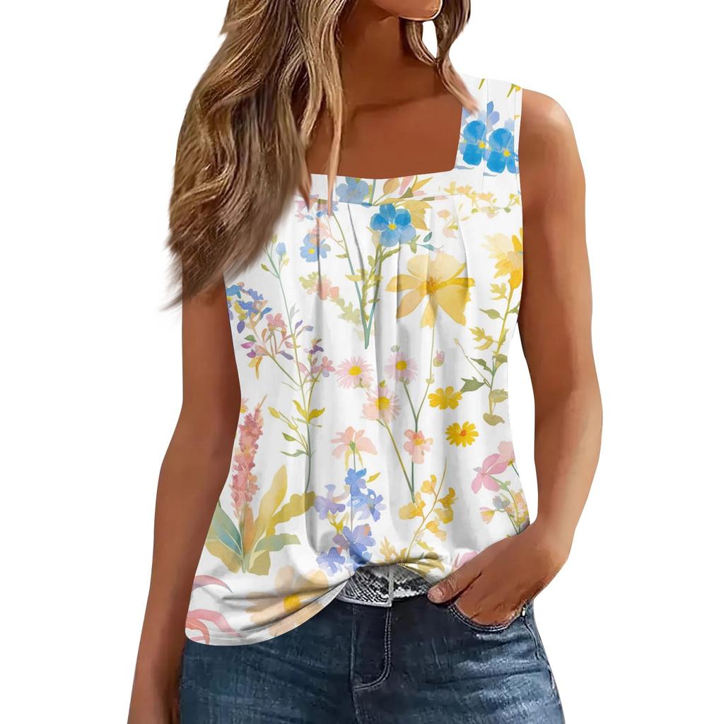 Women's Fashion Casual Pleated Square Collar Sleeveless Vest Print Summer T-shirt
