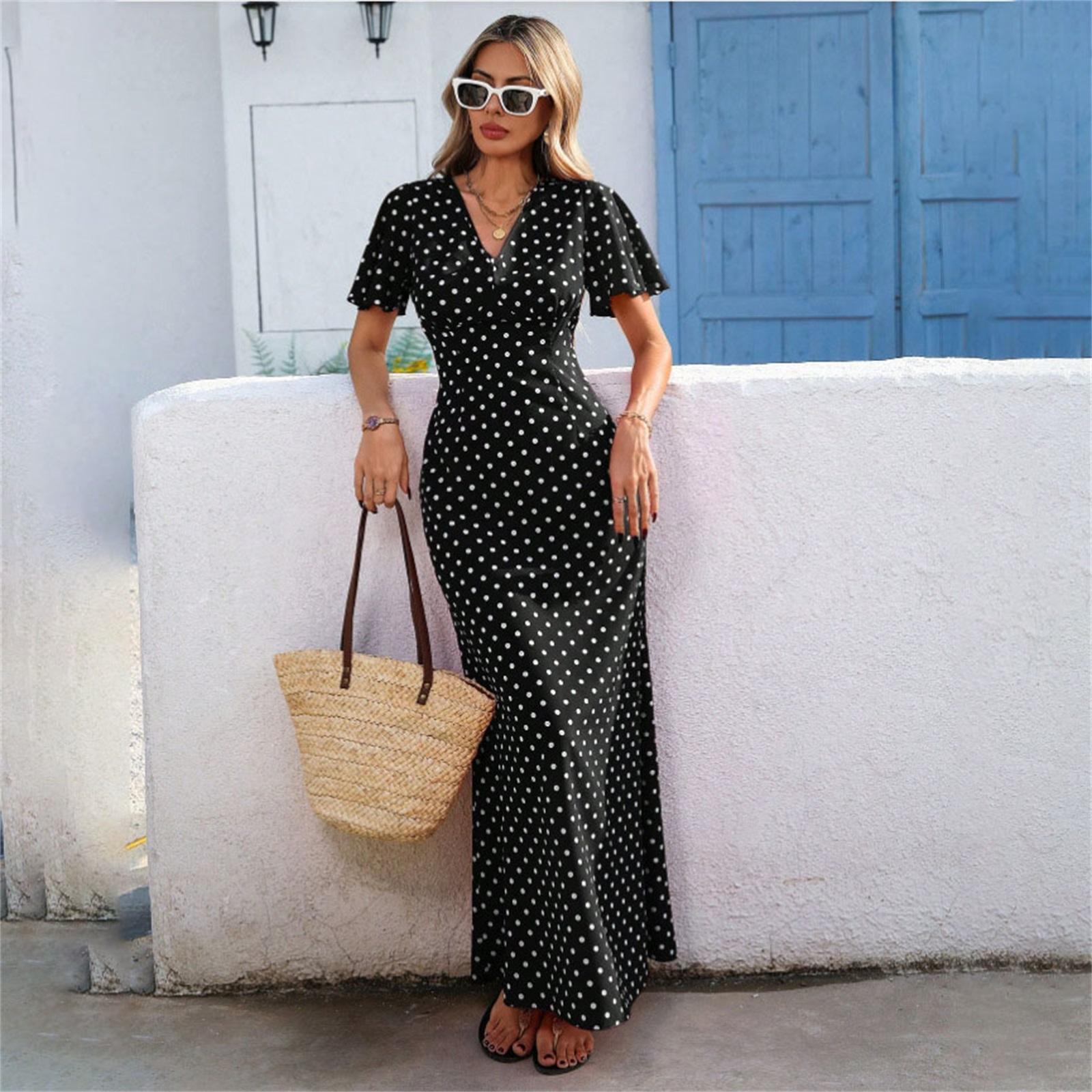 

Модное повседневное женское длинное платье в горошек с V-образным вырезом и открытой спиной L чёрный