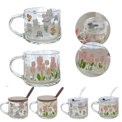 350ml Printing Glass Breakfast Cup with Scale Household Dormitory Multipurpose Coffee Water Cups Salad Fruit Juice Container Jar