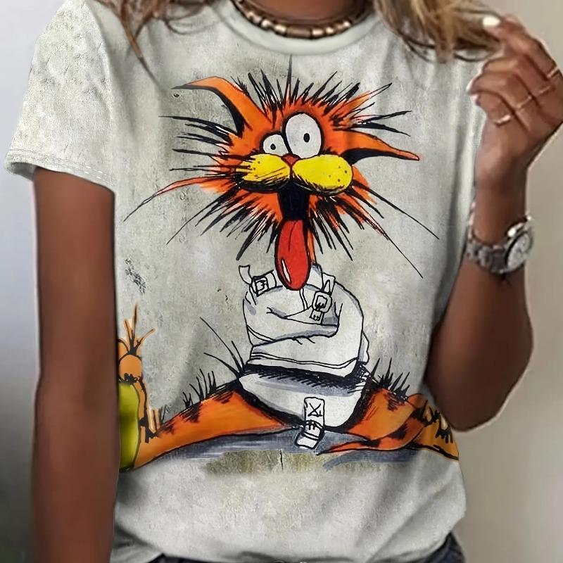 Funny Women's T-shirt Cat Graphic Print Summer Round Neck Outdoor Comfortable Fashion Casual Female Oversized Short Sleeve T-Shirts
