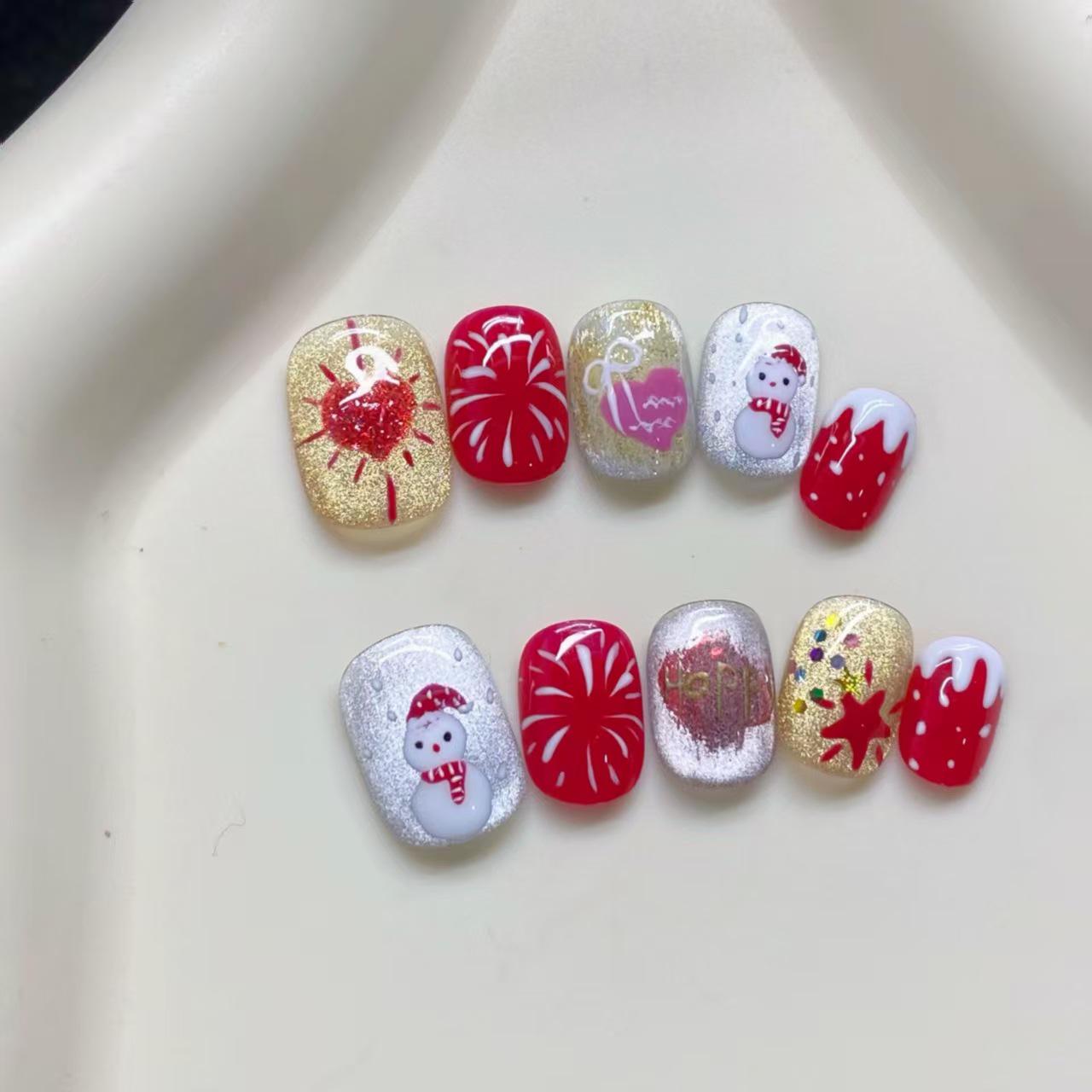 Handmade High-End Wearable Cat Eye Snowman Nail Art - New Year Gift Medium