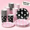 Halloween Ghost Party Supplies Disposable Tableware Set Pink & Black 7inch Plates Paper Cups for Kids Girls Birthday Celebration