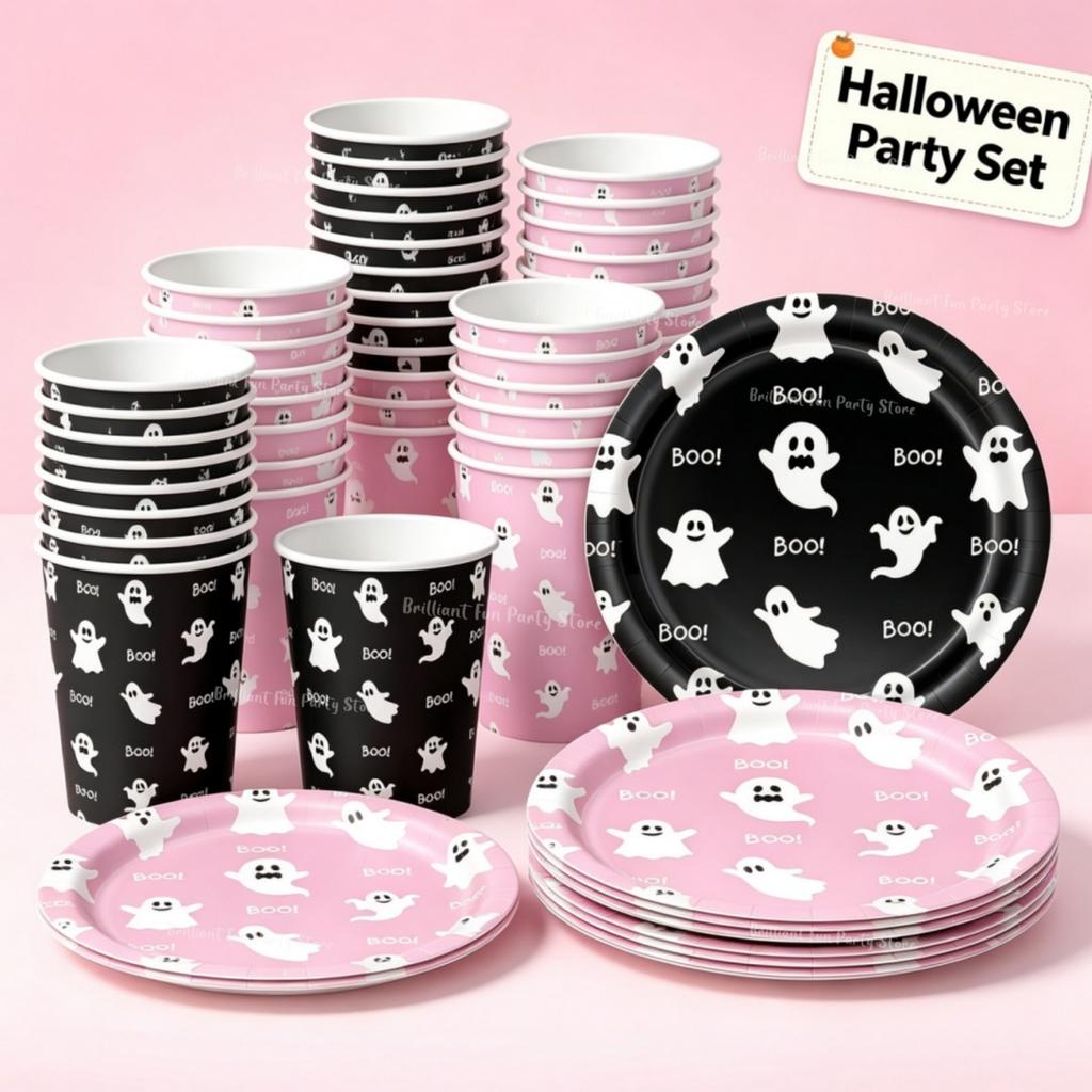 Halloween Ghost Party Supplies Disposable Tableware Set Pink & Black 7inch Plates Paper Cups for Kids Girls Birthday Celebration
