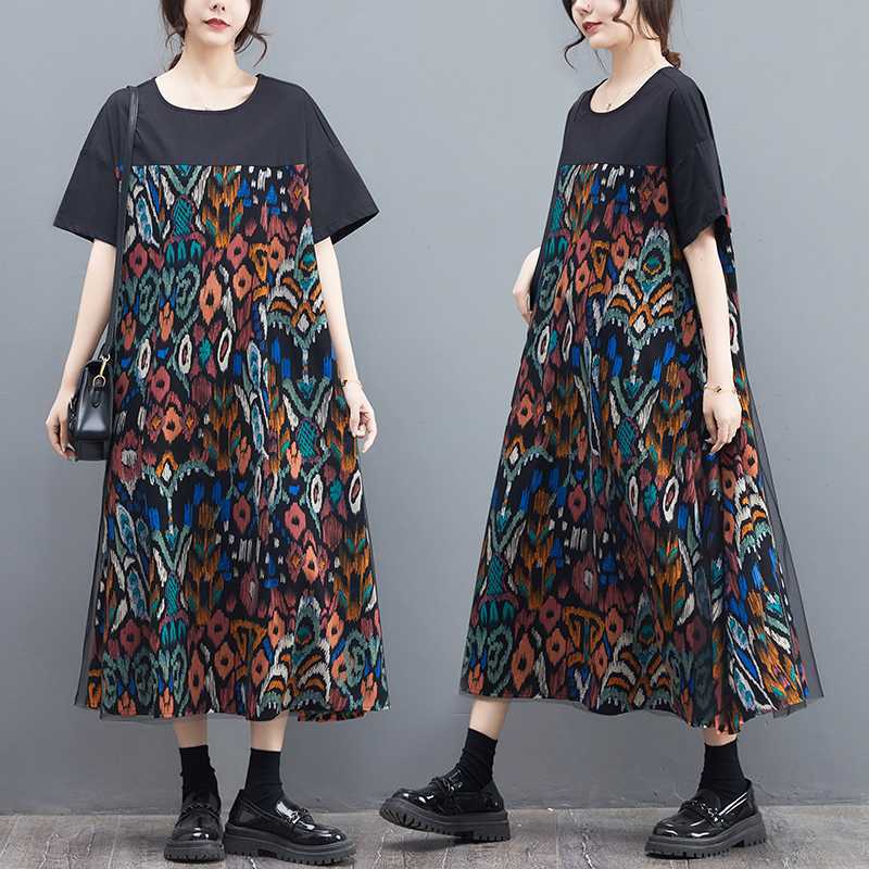 Women's Summer Floral Ruffle Dress  Plus Size Line Dress with Sheer Panel Detailing Vintage Inspired Loose Fit Maxi