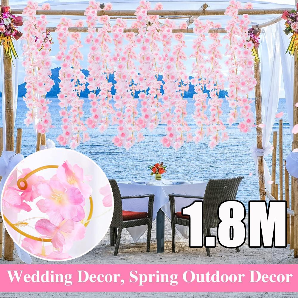 Cherry Blossom Garland Artificial Cherry Flower Vines Hanging Silk Flowers Garland for Home Wedding Garden Party Arch Decor