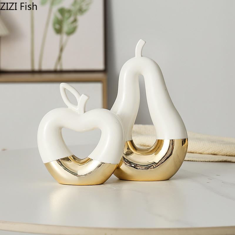 Gold-plated Hollow Out Apple Pear Statue Ceramic Ornaments Desk Decoration Modern Crafts Fruits Sculpture Room Aesthetic Decor