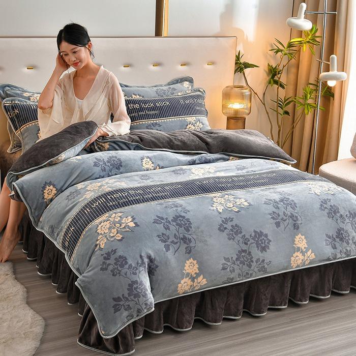 Cozy Flannel 230g Milk Velvet Printed Bed Set with Skirt - New Autumn/Winter Collection, Hot Seller