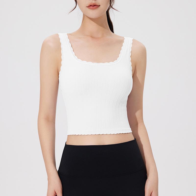 Women's White Lace Camisole with Chest Pads - Slim Fit Yoga Tank with Built-in Bra