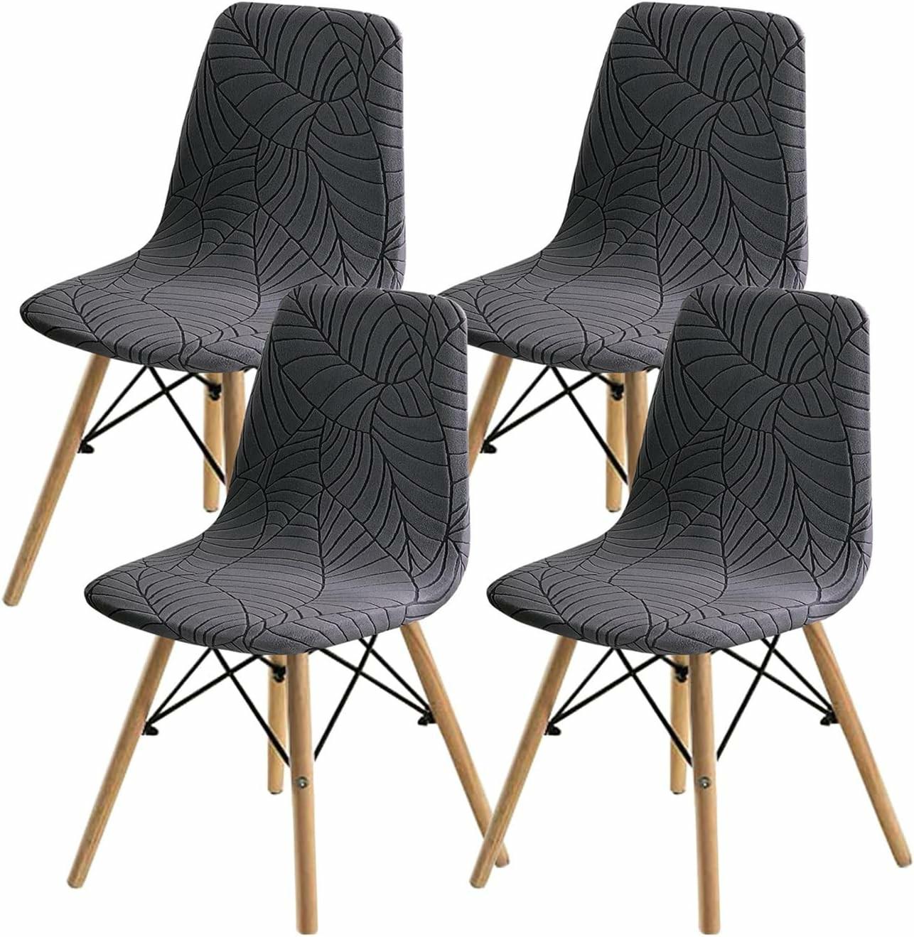 

4 PCS Knitted Jacquard Leaf-pattern Chair Cover Stretchable Shell-shaped Chair Cover Elegant Adjustable Dining Room Seat Covers темно-сірий
